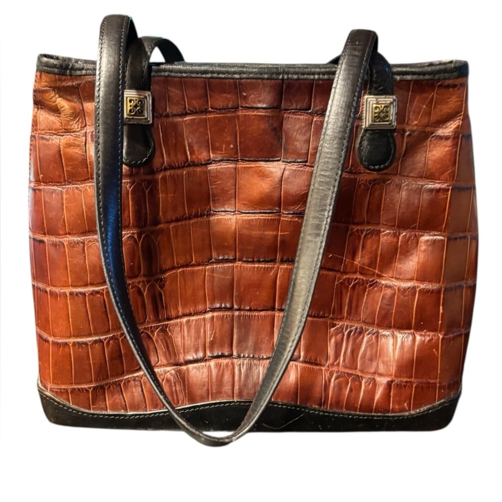 Vintage BRIGHTON Leather Brown “croc” Texture w/Black Straps&Bottom Shoulder Bag